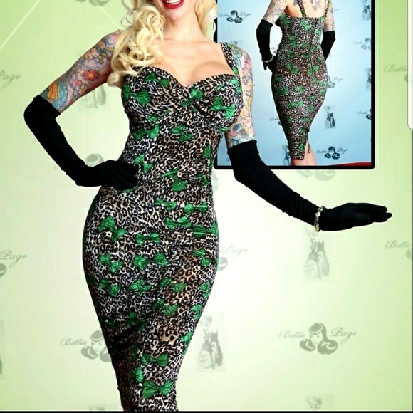 Tatyana Leopard Glam 1950's Pinup Velvet Pencil Halter Dress w Green Bow - Picture 2 of 8